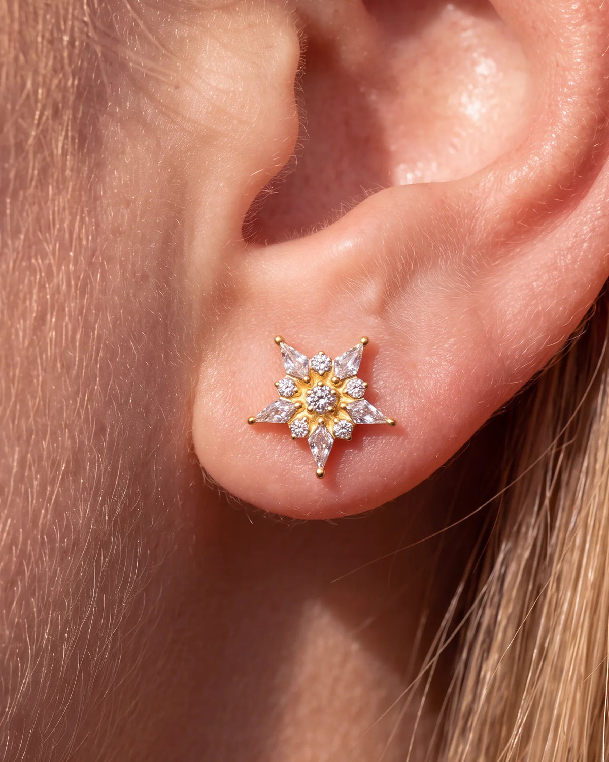 Stellar Bloom Flatback Stud Gold Crystal Clear - lobe styling