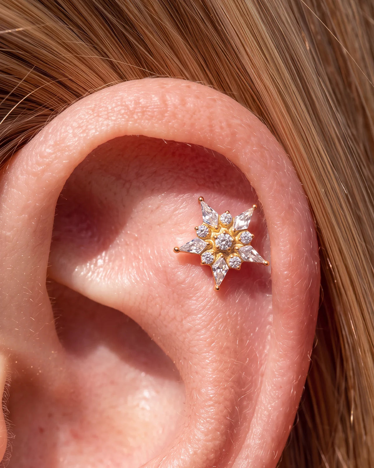 Stellar Bloom Flatback Stud Gold Crystal Clear - flat piercing styling