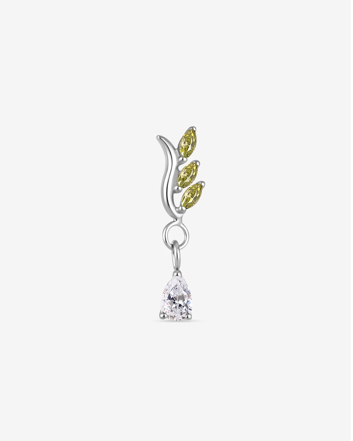 Willow Rain Flatback Stud, silver with olive green leaf stones and clear teardrop, front view