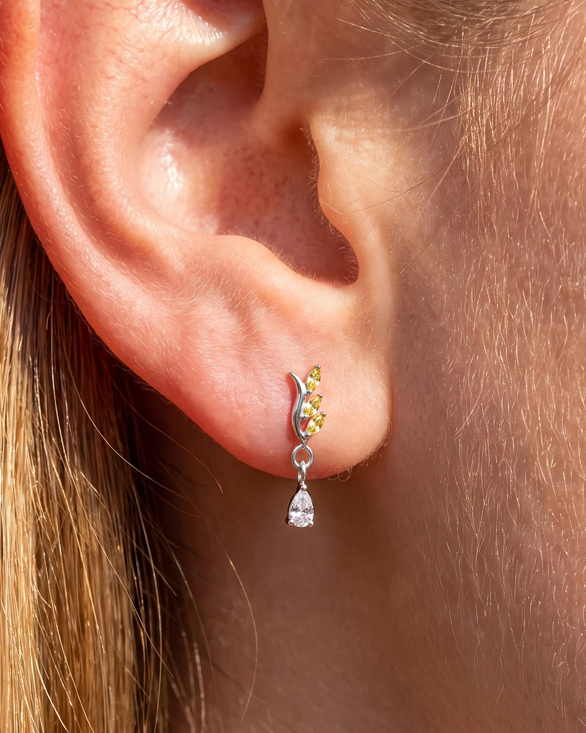 Willow Rain Flatback Stud, silver with olive green leaf stones and clear teardrop, on-ear styling