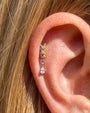 Willow Rain Flatback Stud, silver with olive green leaf stones and clear teardrop, on-ear styling