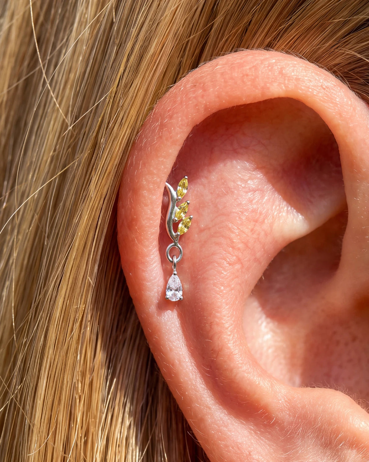 Willow Rain Flatback Stud, silver with olive green leaf stones and clear teardrop, on-ear styling
