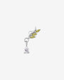Willow Rain Flatback Stud, silver with olive green leaf stones and clear teardrop, detail view