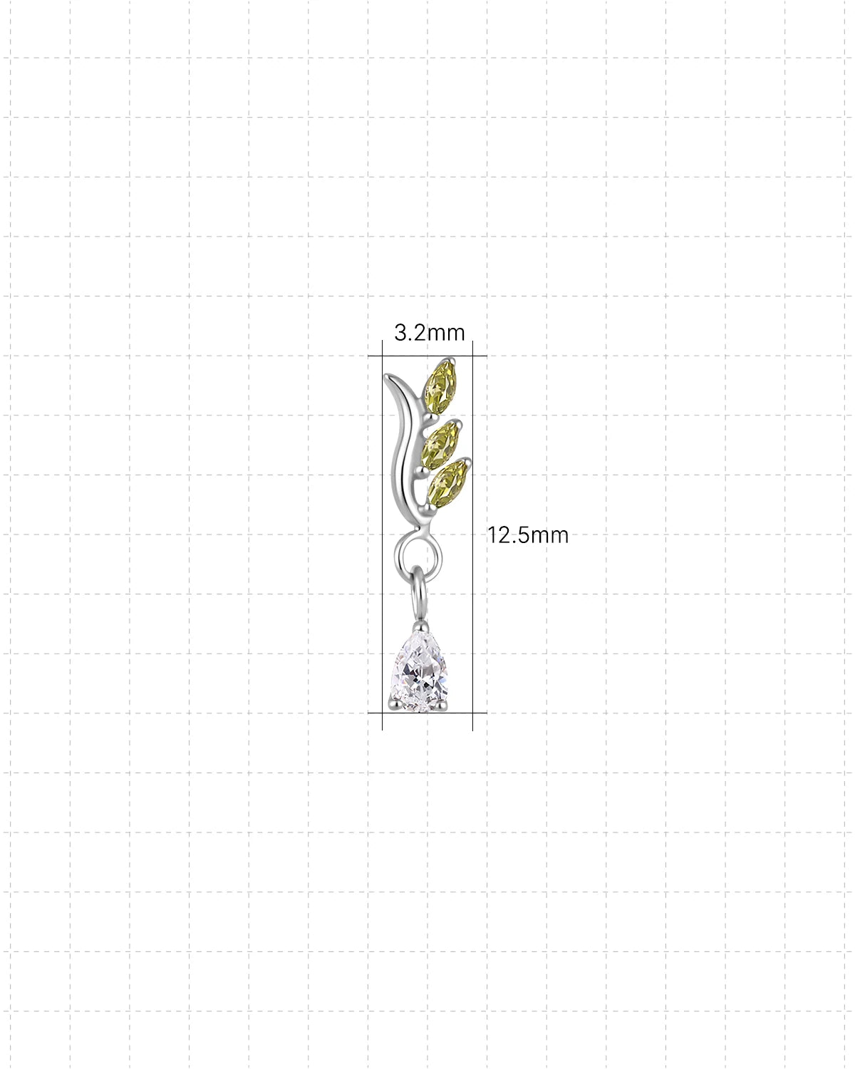 Willow Rain Flatback Stud, silver with olive green leaf stones and clear teardrop, dimensions