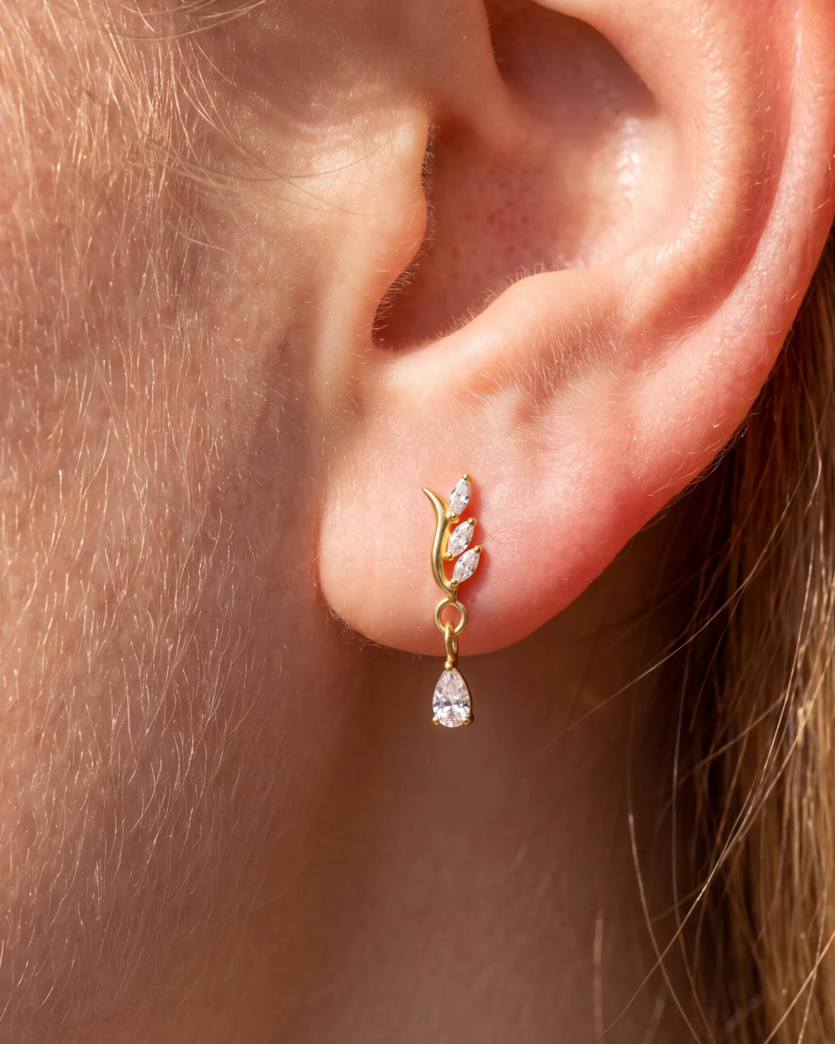 Willow Rain Flatback Stud, gold with clear cubic zirconia, on-ear styling 2