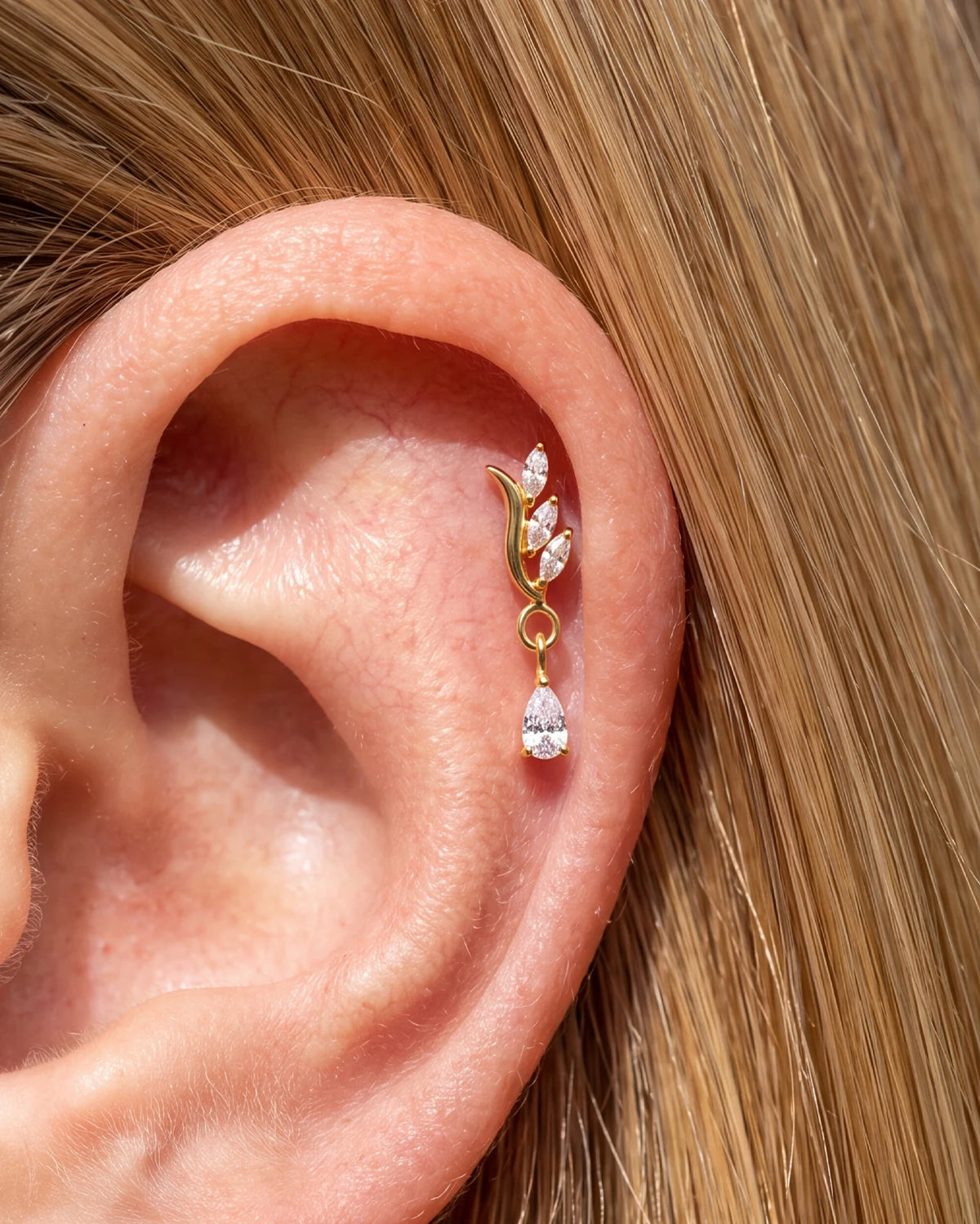 Willow Rain Flatback Stud, gold with clear cubic zirconia, on-ear styling 3