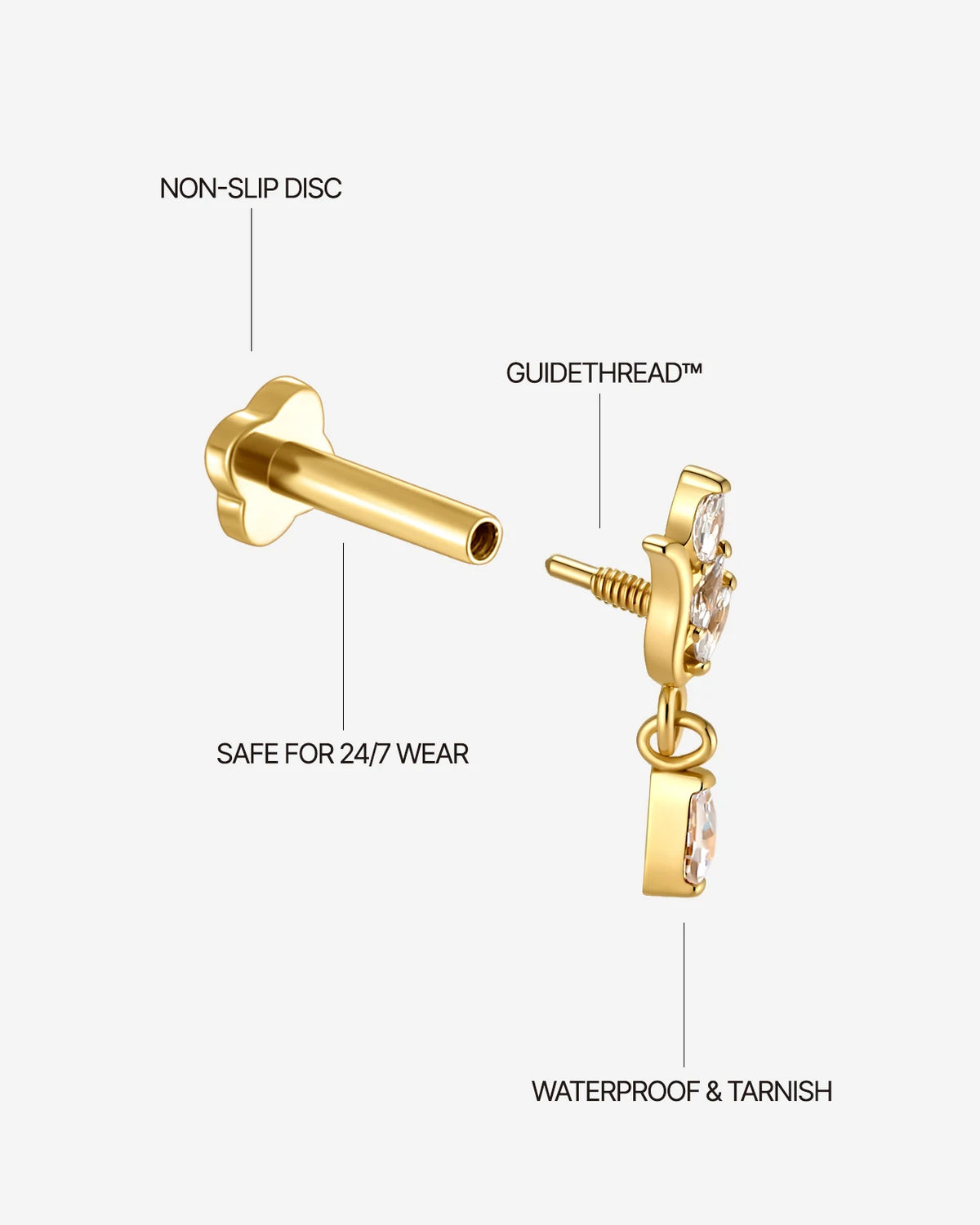 Willow Rain Flatback Stud, gold with clear cubic zirconia, detail view 4