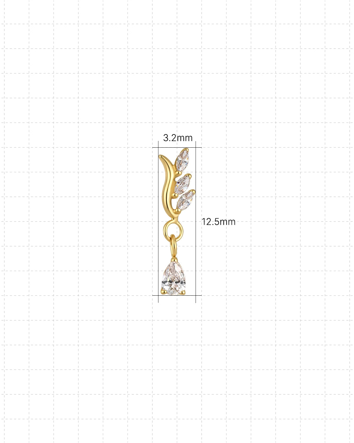Willow Rain Flatback Stud, gold with clear cubic zirconia, dimensions