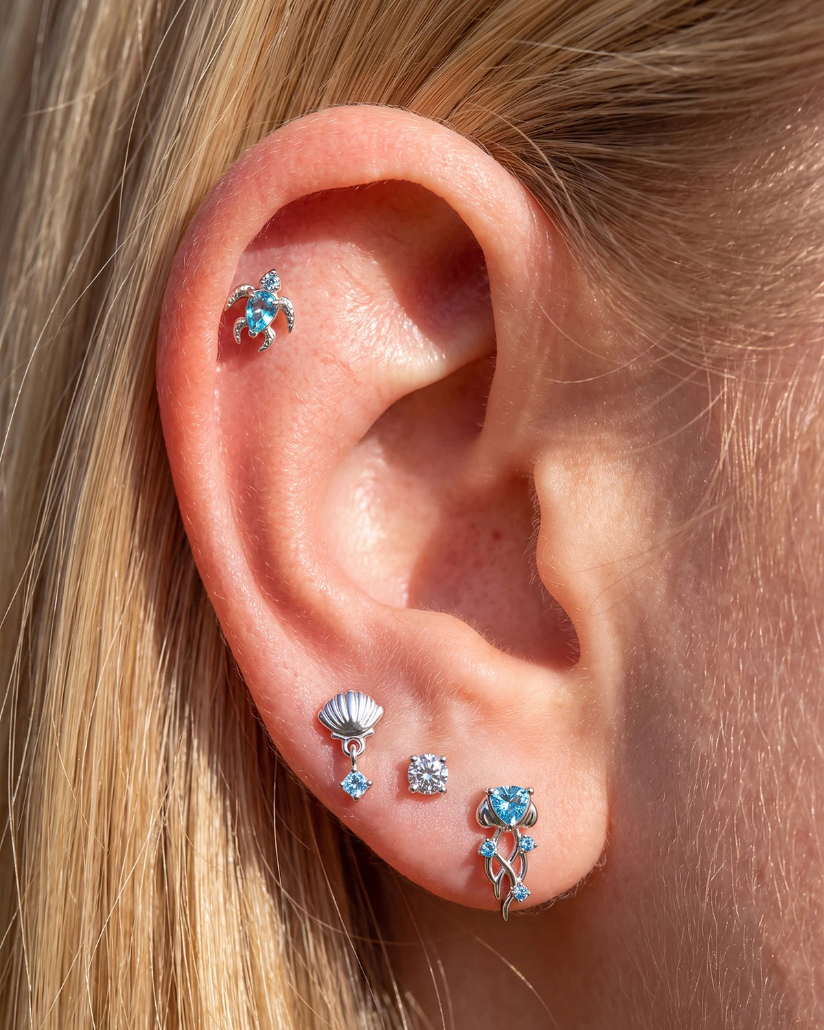 Thalassa Sea Turtle Flatback Stud - Silver Ocean Mist - CS-KSD-0192-TI-G-QHL - 05