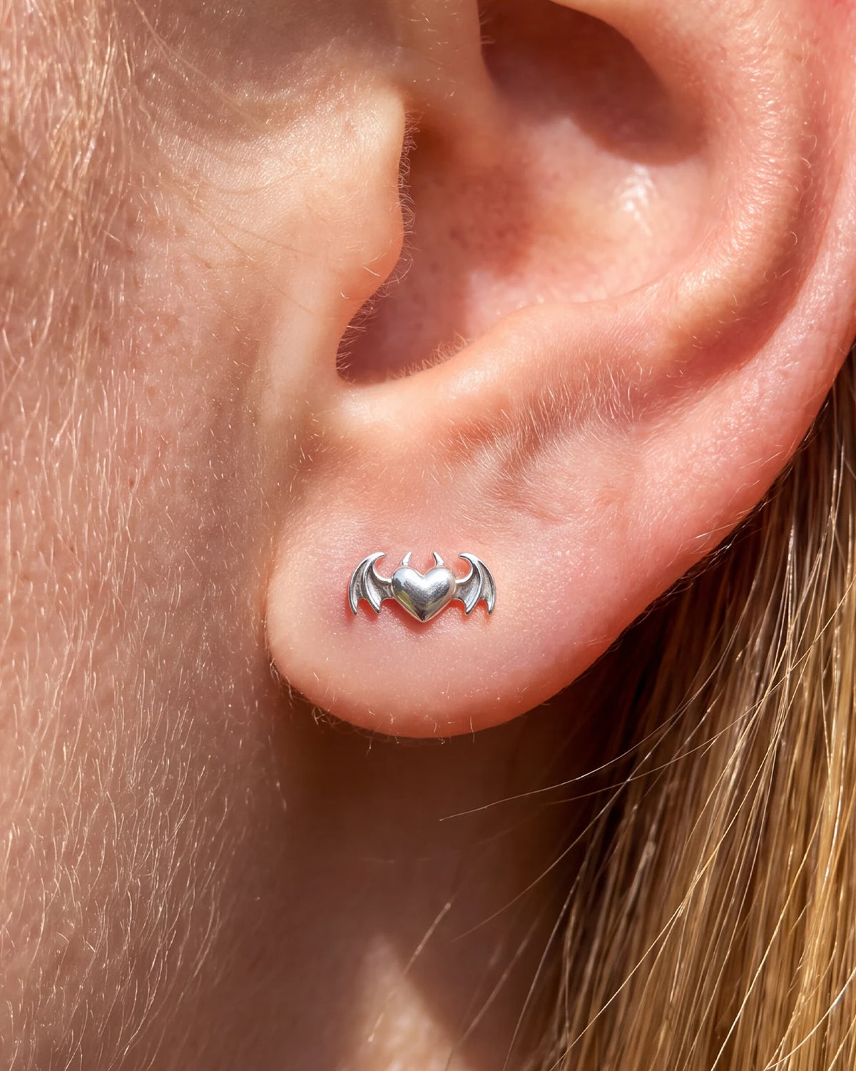 Wicked Sweetheart Flatback Stud in silver tone - lobe styling