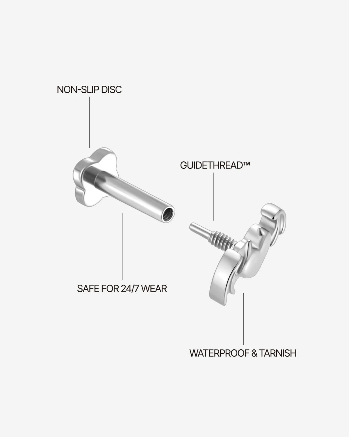 Wicked Sweetheart Flatback Stud in silver tone - internally threaded construction