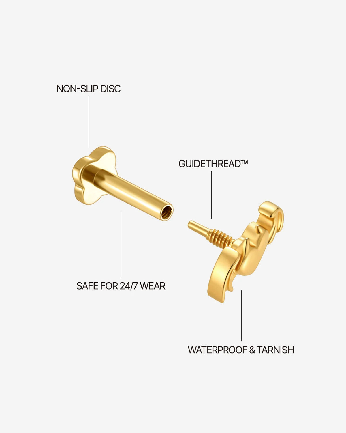 Wicked Sweetheart Flatback Stud in gold tone - internally threaded construction