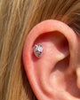 Strawberry Crush Flatback Stud, threadless, silver with pink red stone, ear styling