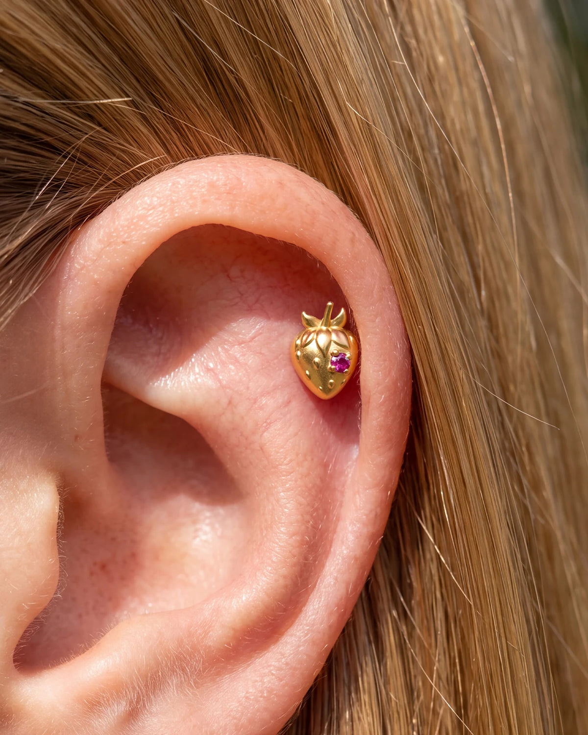 Strawberry Crush Flatback Stud, threadless, gold with pink red stone, ear styling