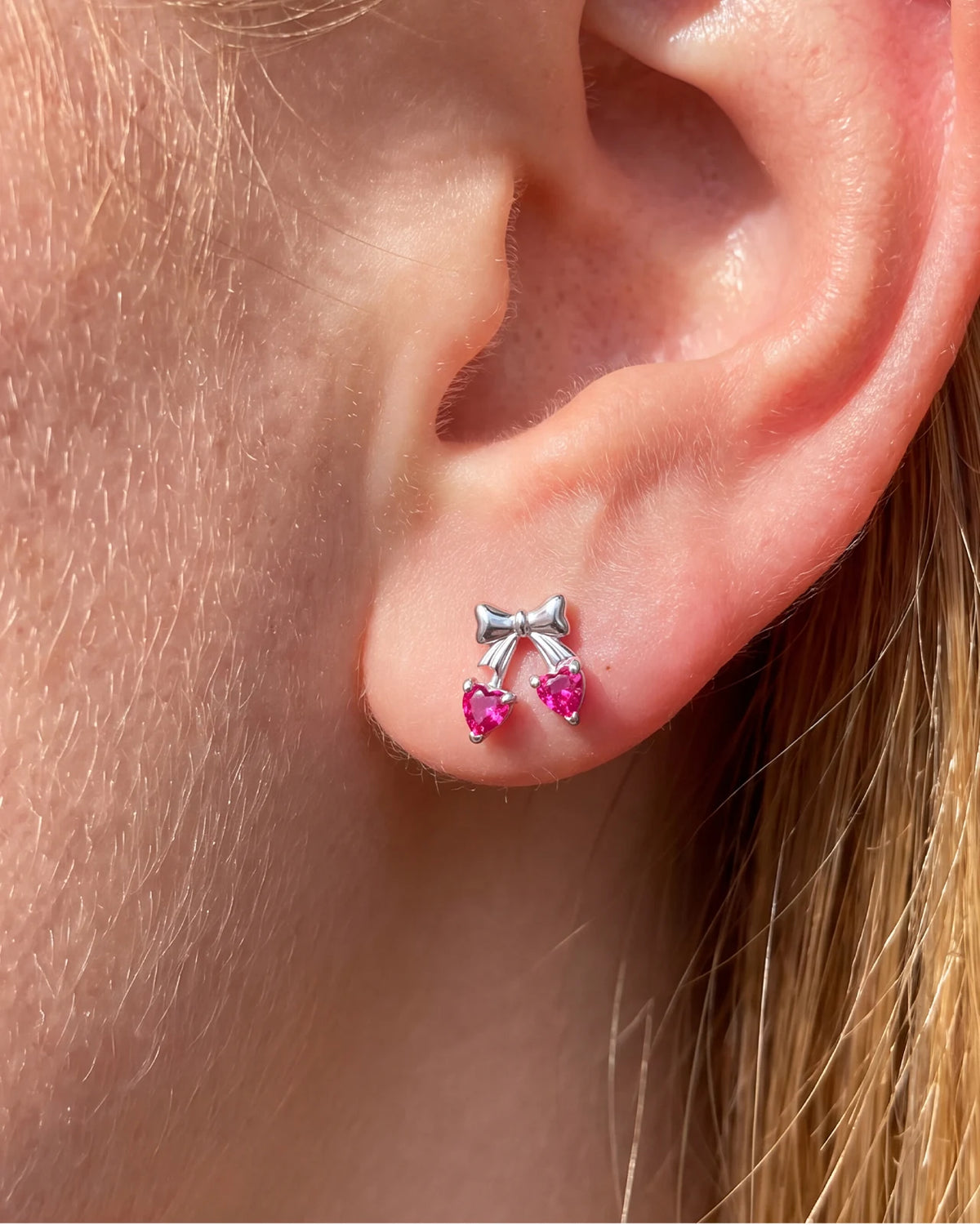 Cherry Sweetheart Flatback Stud, threadless, silver bow with heart shaped cherry stones, ear styling