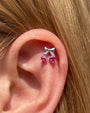 Cherry Sweetheart Flatback Stud, threadless, silver bow with heart shaped cherry stones, ear styling