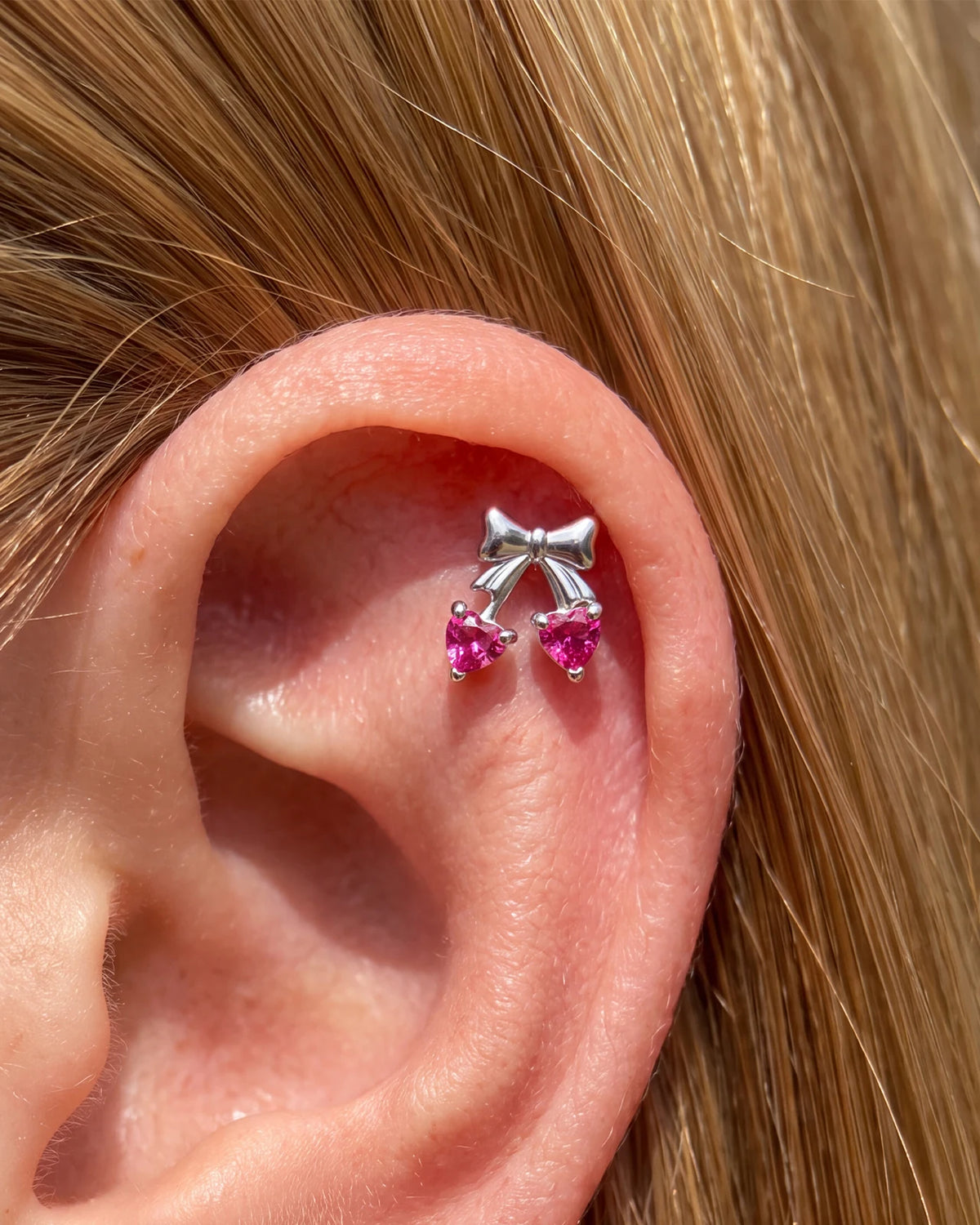 Cherry Sweetheart Flatback Stud, threadless, silver bow with heart shaped cherry stones, ear styling