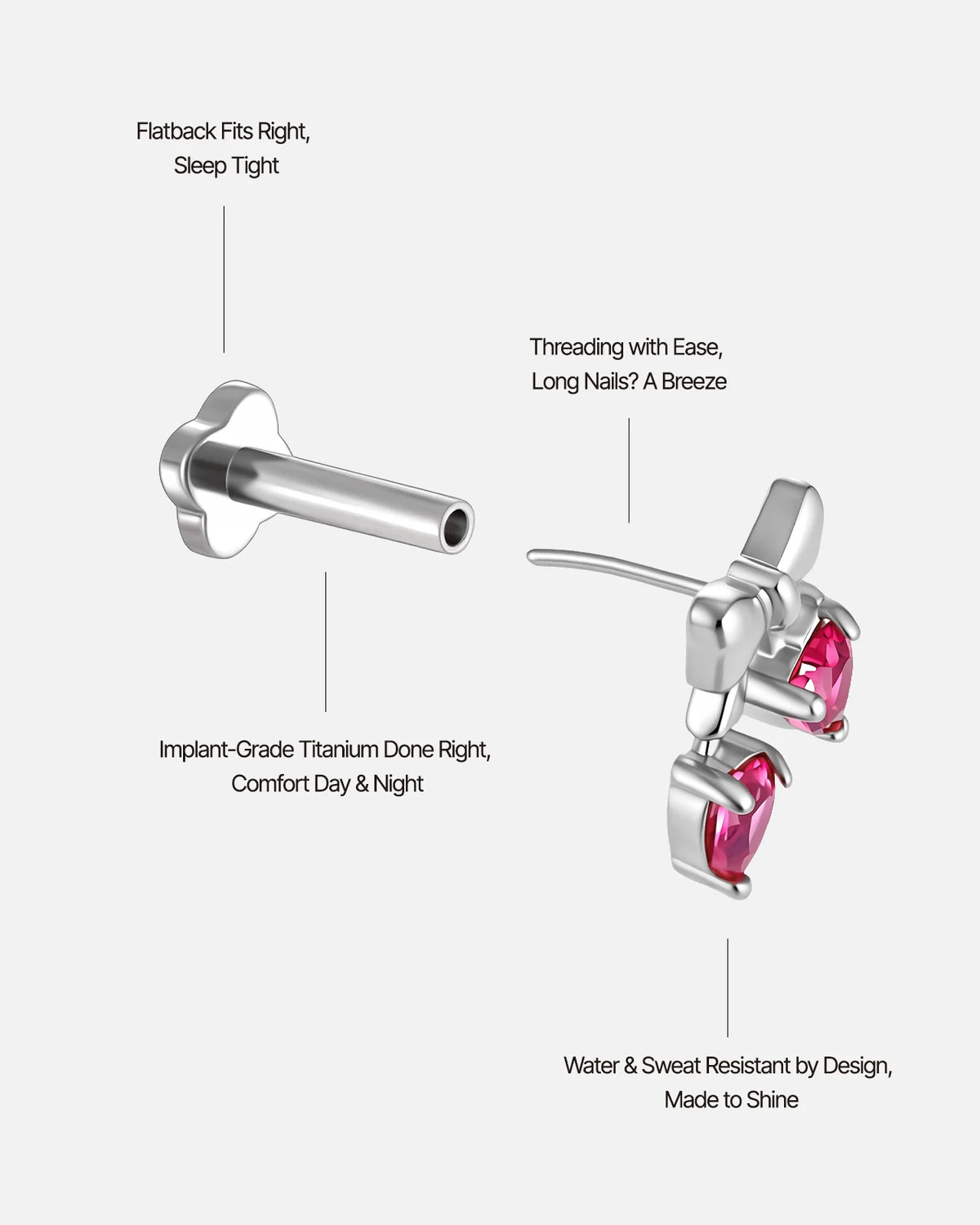 Cherry Sweetheart Flatback Stud, threadless, silver bow with heart shaped cherry stones, product view