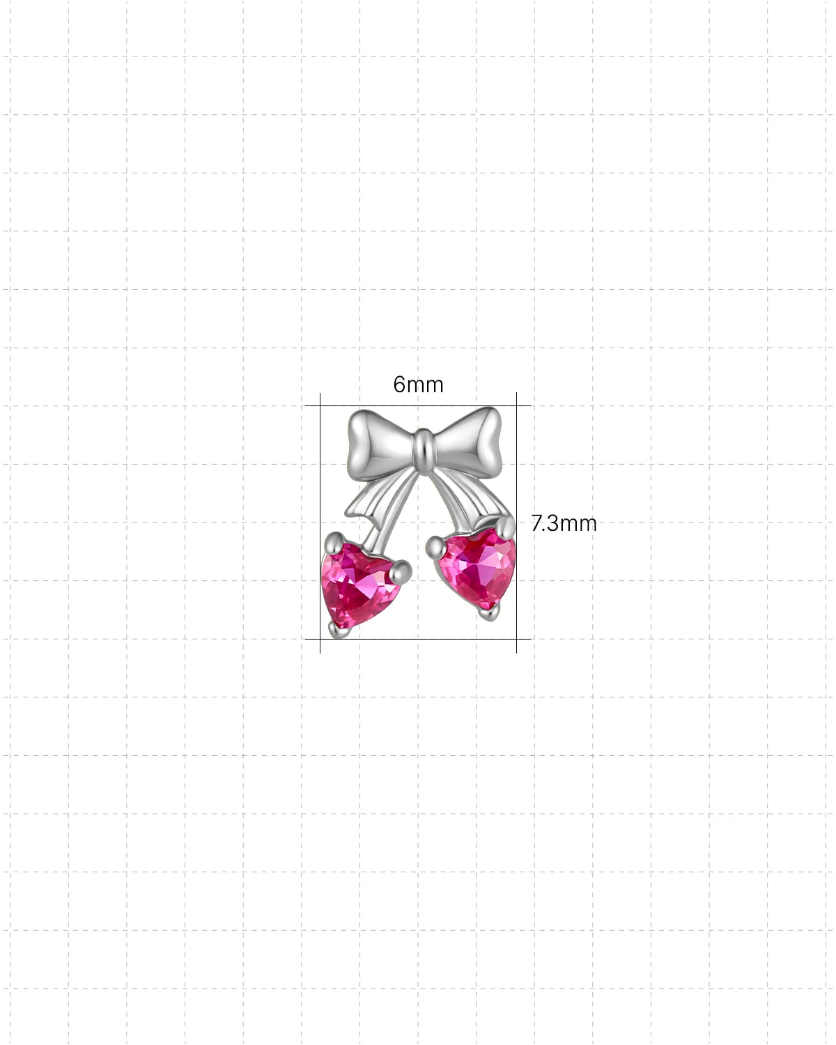 Cherry Sweetheart Flatback Stud, threadless, silver bow with heart shaped cherry stones, 6mm by 7.3mm dimensions
