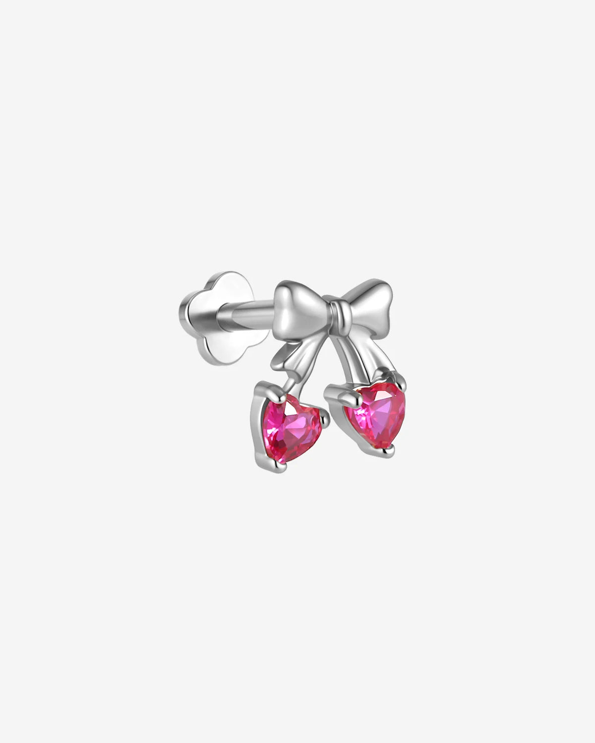 Cherry Sweetheart Flatback Stud, threadless, silver bow with heart shaped cherry stones, product view