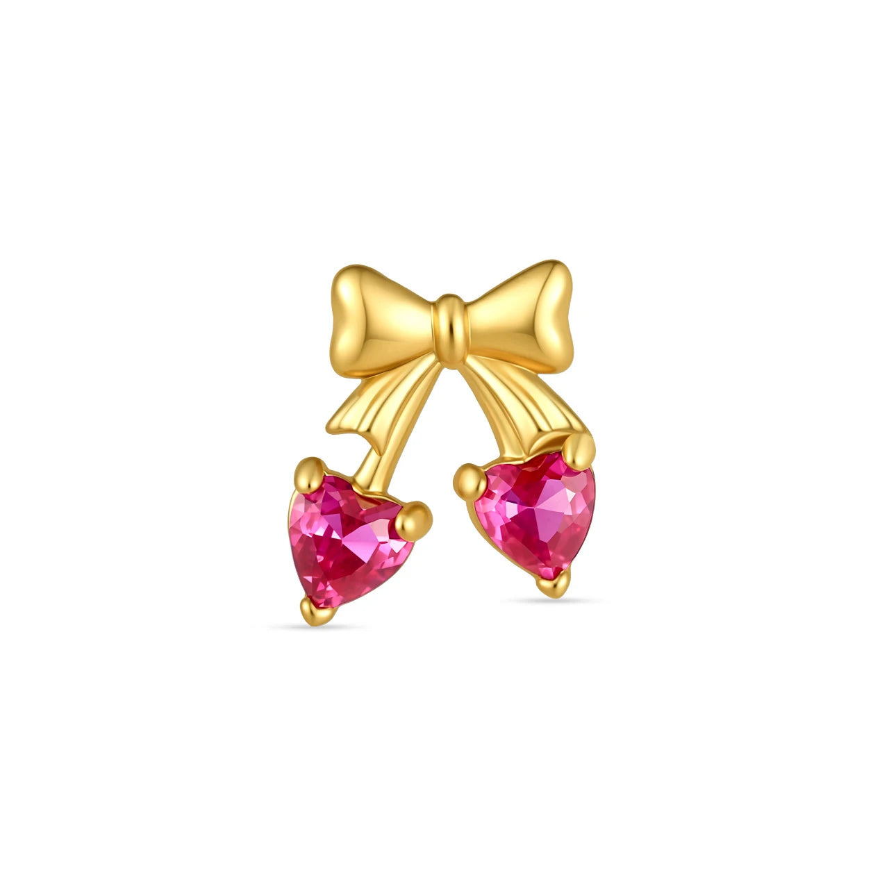 Cherry Sweetheart Flatback Stud, threadless, gold bow with heart shaped cherry stones, product view