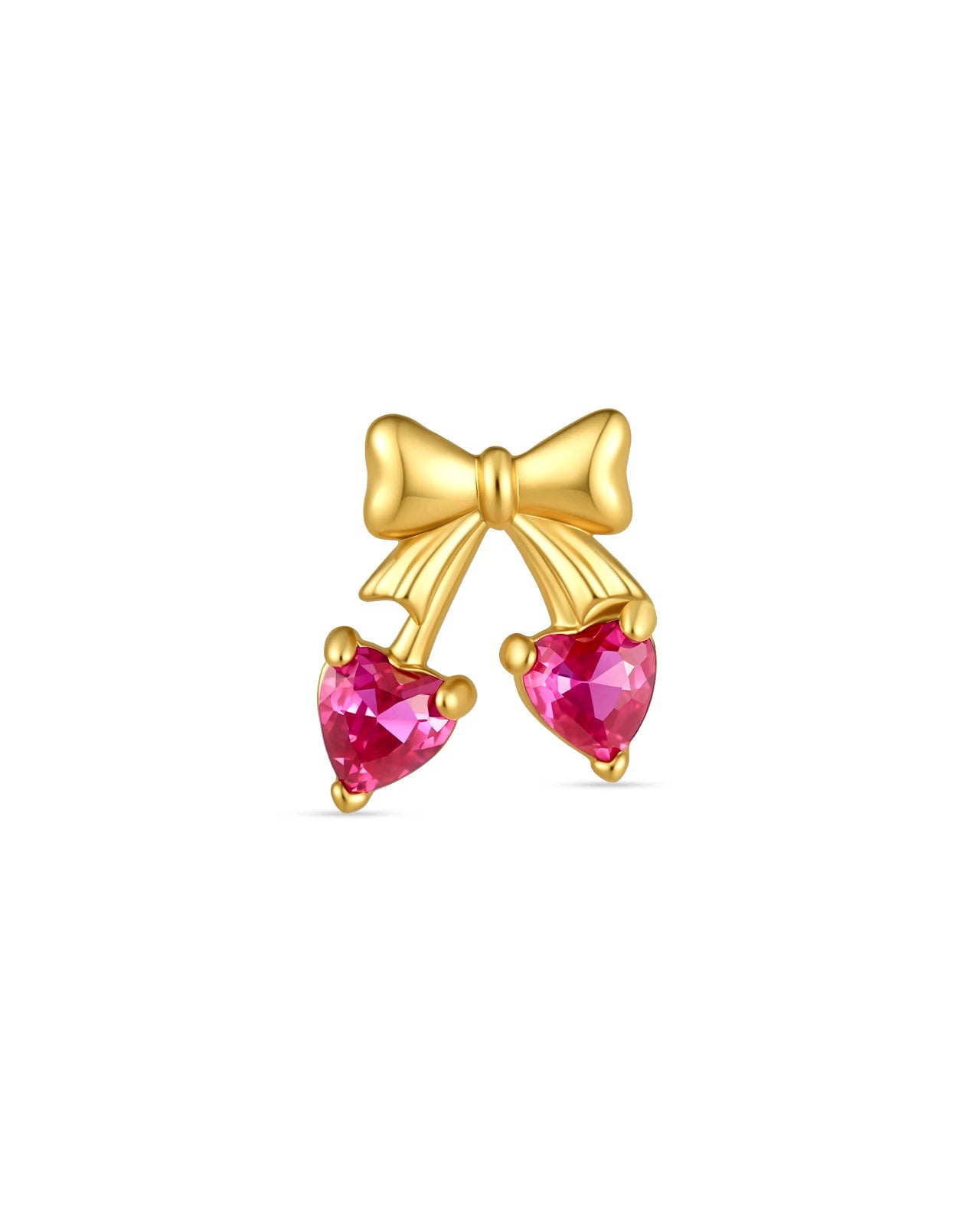 Cherry Sweetheart Flatback Stud, threadless, gold bow with heart shaped cherry stones, product view