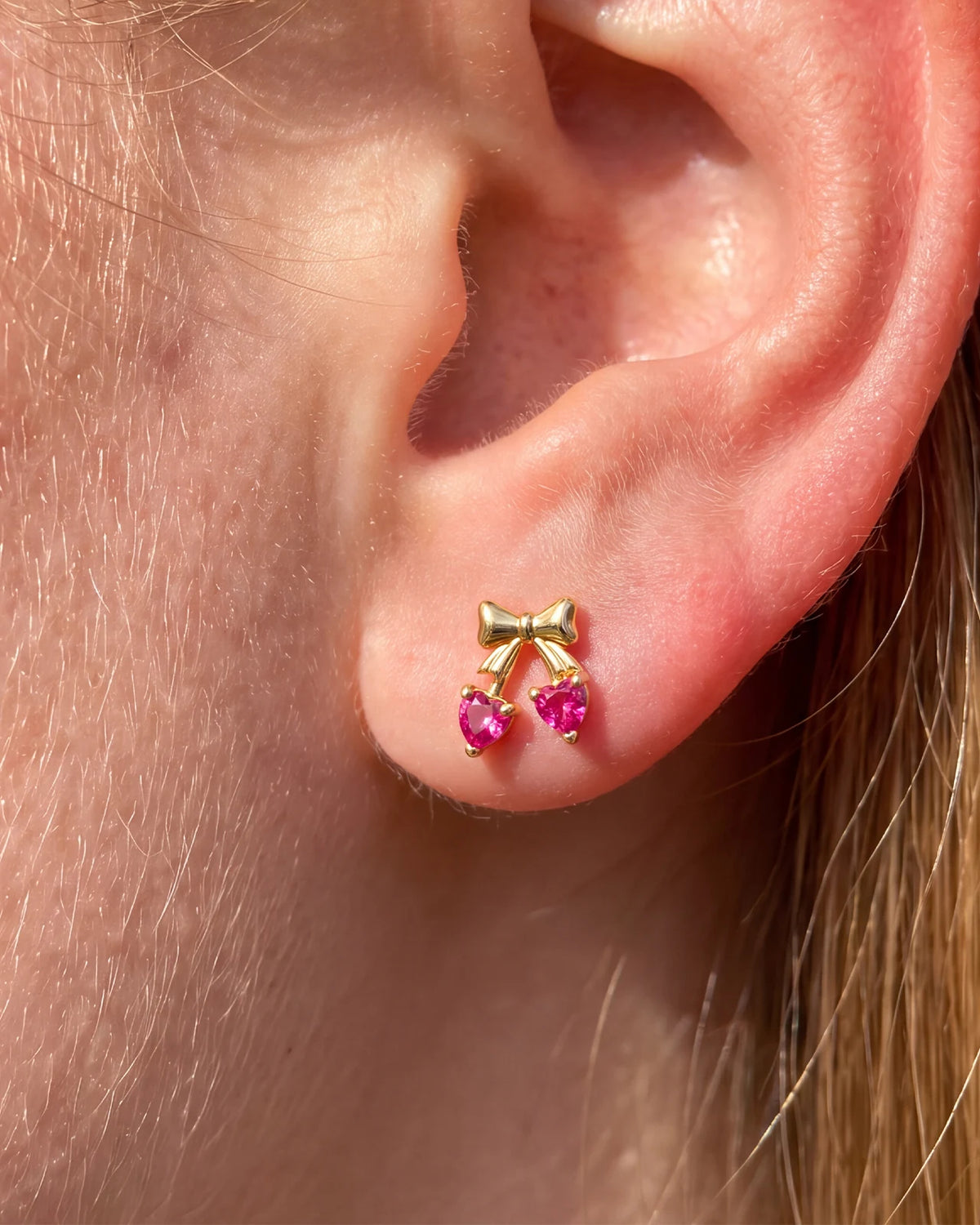 Cherry Sweetheart Flatback Stud, threadless, gold bow with heart shaped cherry stones, ear styling