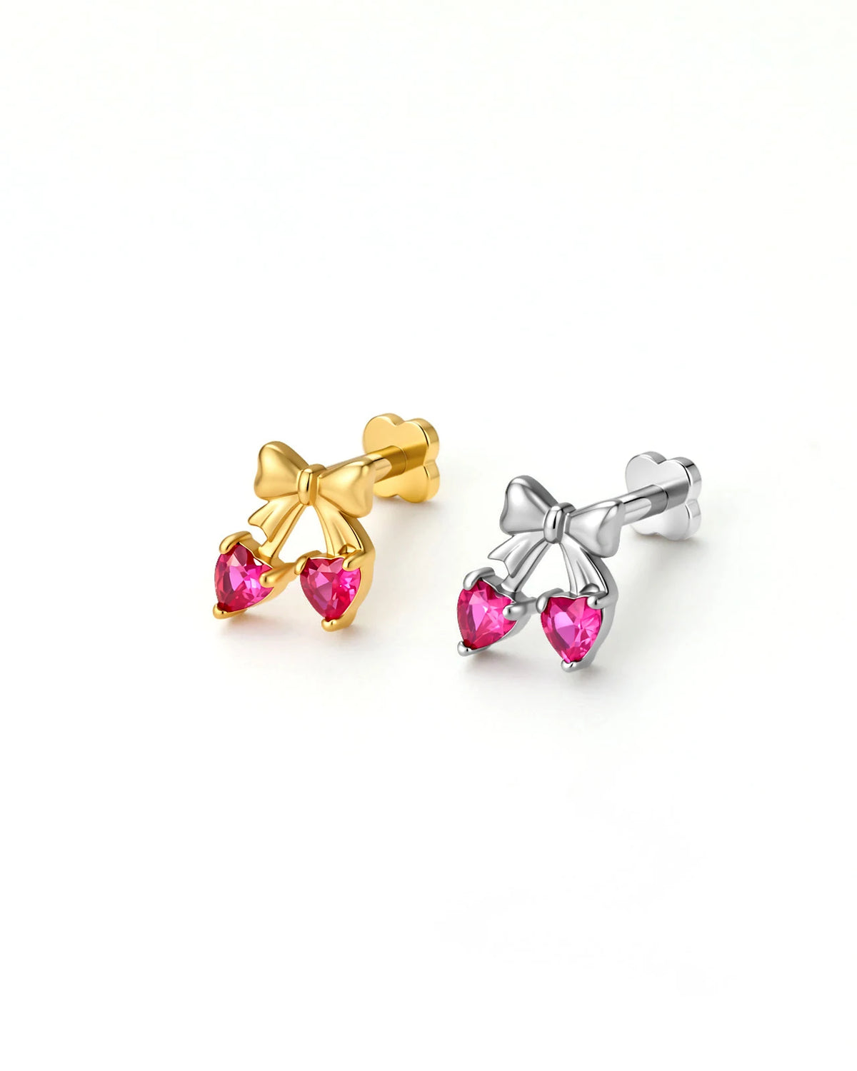 Cherry Sweetheart Flatback Stud, threadless, gold bow with heart shaped cherry stones, product view