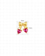Cherry Sweetheart Flatback Stud, threadless, gold bow with heart shaped cherry stones, 6mm by 7.3mm dimensions