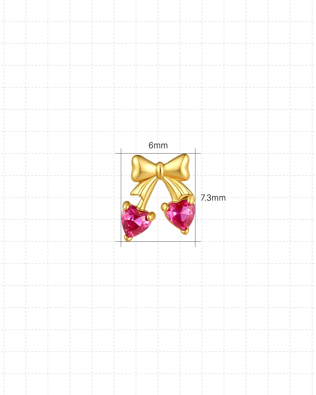 Cherry Sweetheart Flatback Stud, threadless, gold bow with heart shaped cherry stones, 6mm by 7.3mm dimensions