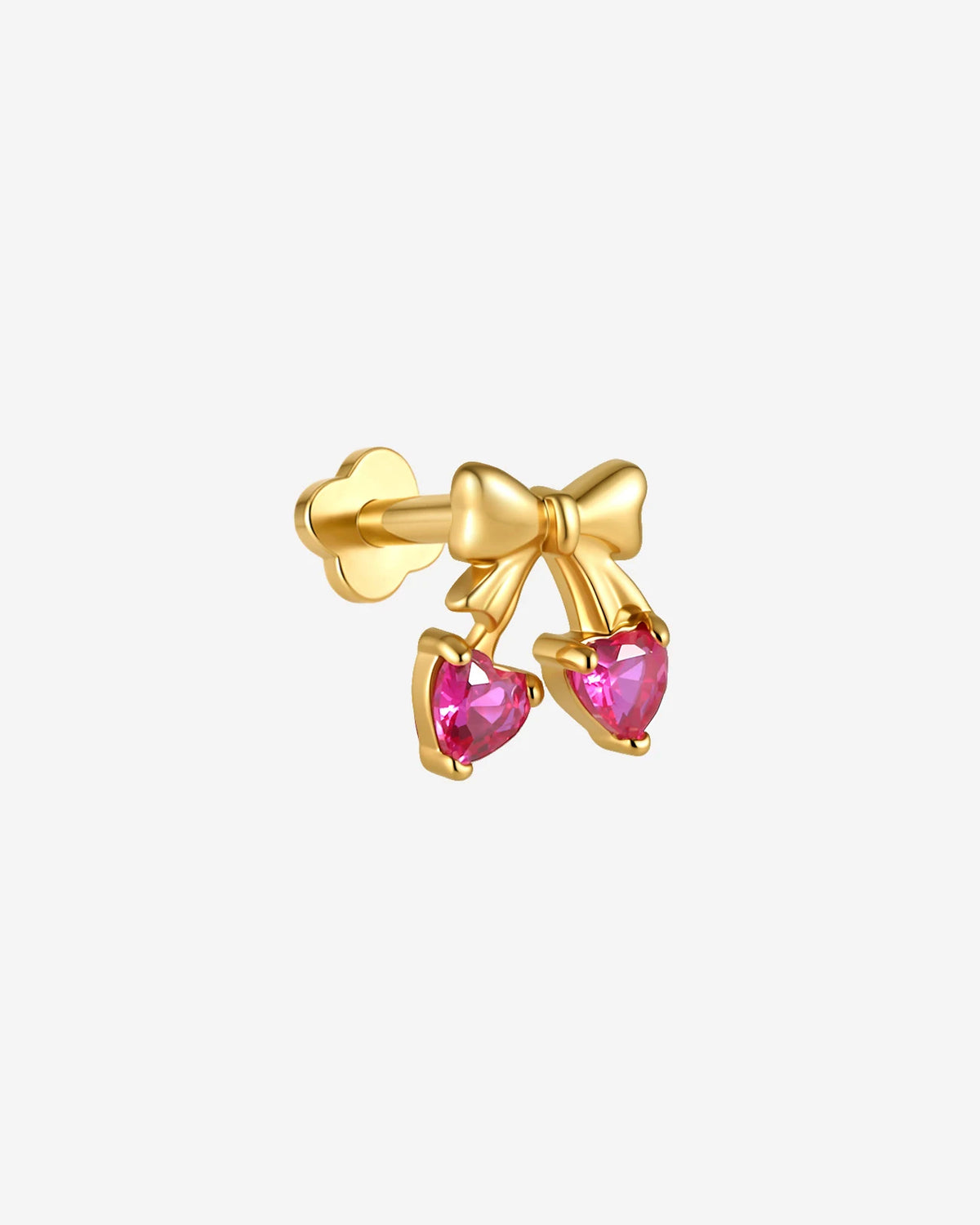 Cherry Sweetheart Flatback Stud, threadless, gold bow with heart shaped cherry stones, product view