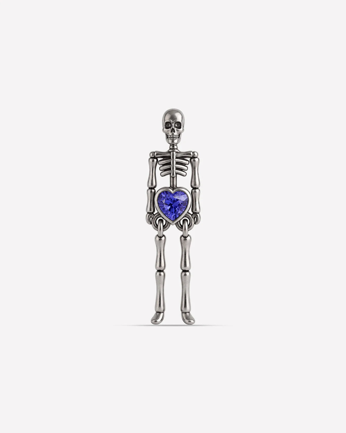 Undead Love skeleton flatback stud, silver with purple blue heart zirconia, front view
