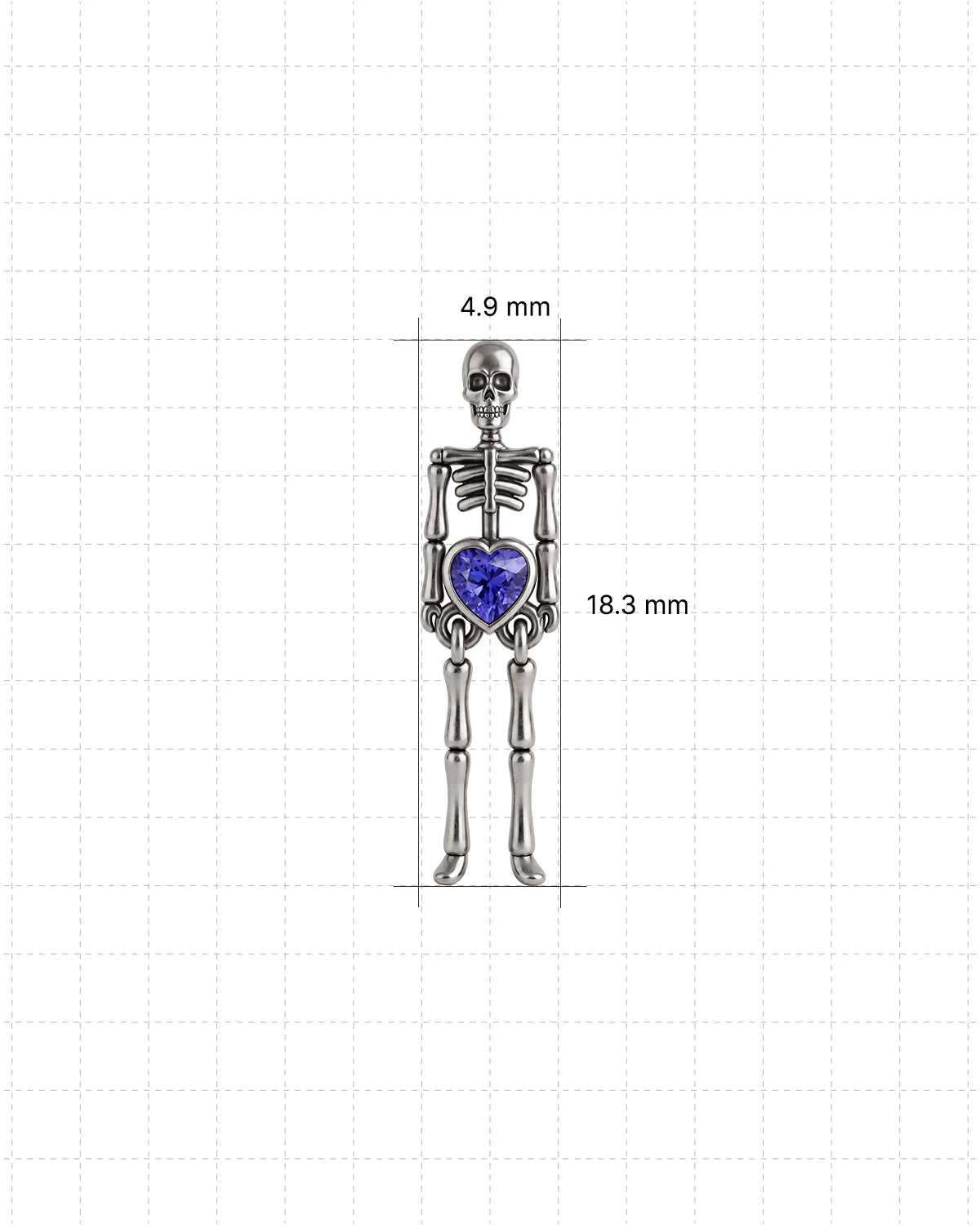 Undead Love skeleton flatback stud, silver with purple blue heart zirconia, 4.9mm by 18.3mm dimensions
