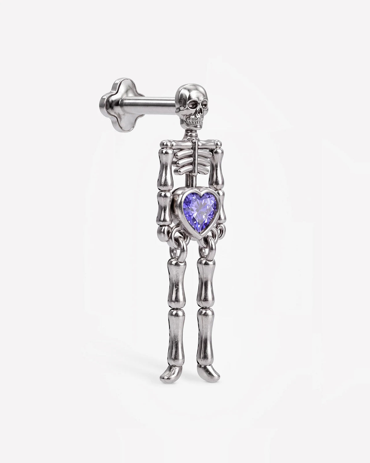 Undead Love skeleton flatback stud, silver with purple blue heart zirconia, side view