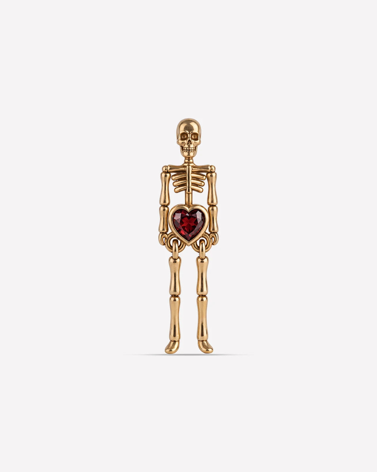 Undead Love skeleton flatback stud, gold with red heart zirconia, front view