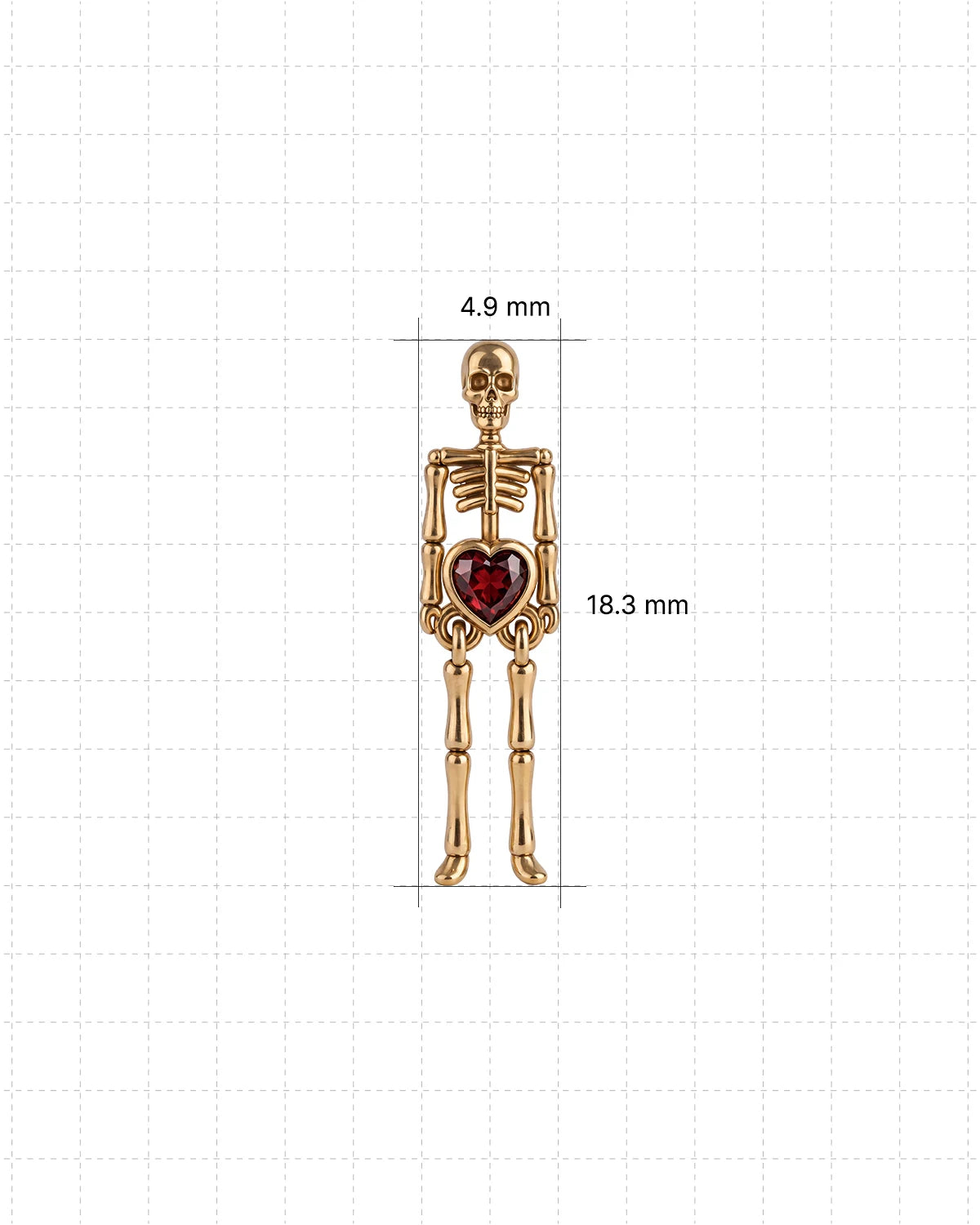 Undead Love skeleton flatback stud, gold with red heart zirconia, 4.9mm by 18.3mm dimensions