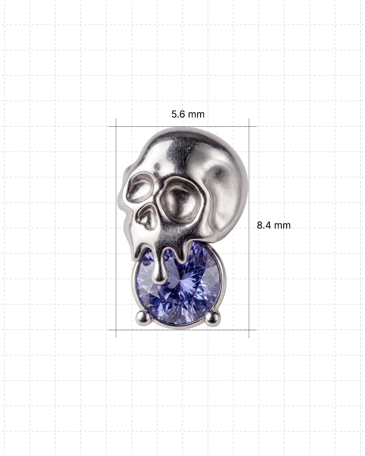 Skull Melt Flatback Stud in silver tone with purple cubic zirconia - dimensions 5.6mm wide by 8.4mm high