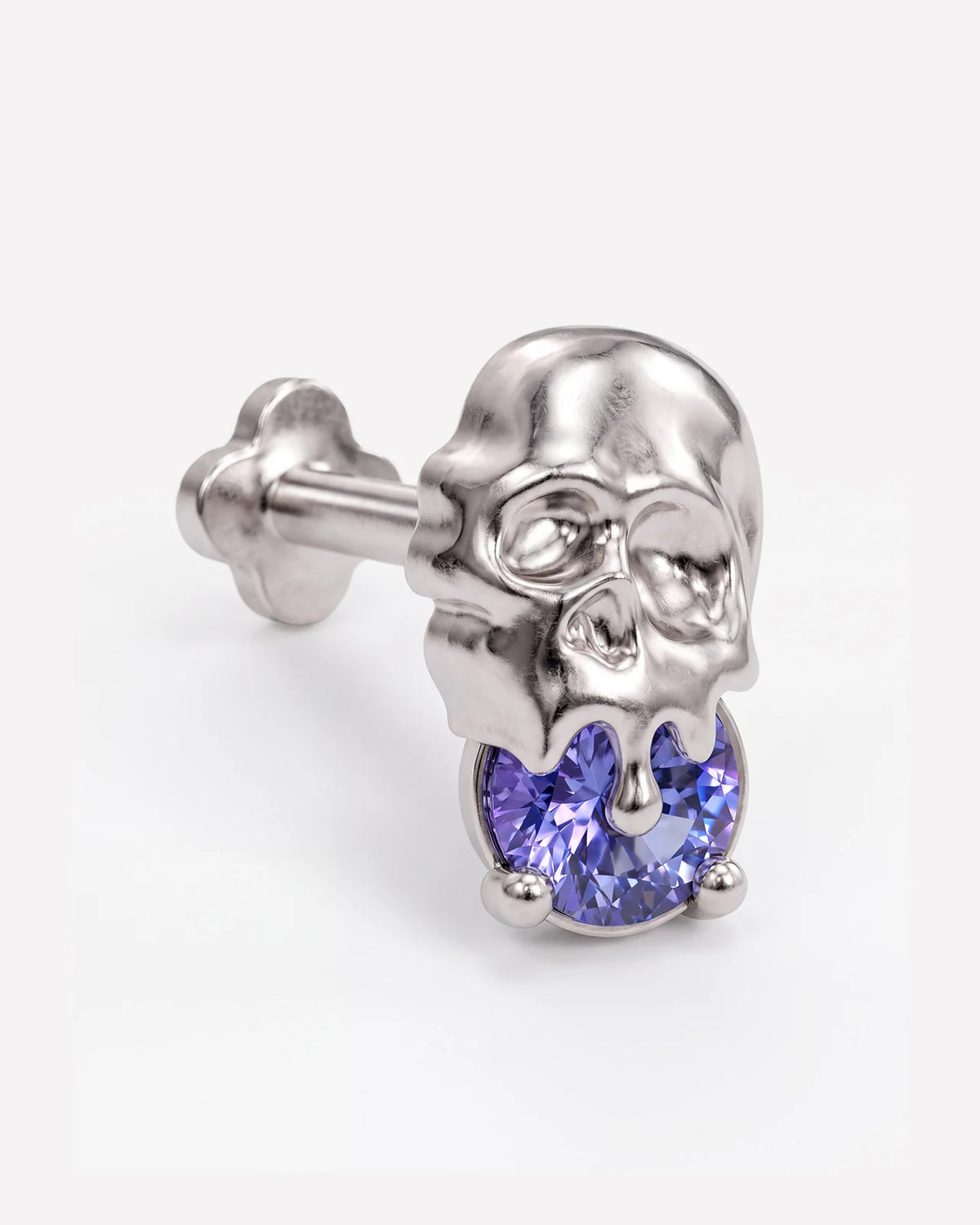 Skull Melt Flatback Stud in silver tone with purple cubic zirconia - side view