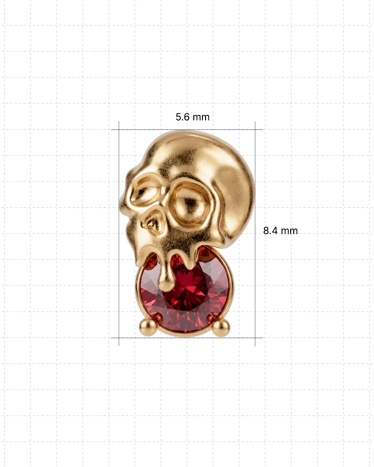 Skull Melt Flatback Stud in gold tone with garnet red cubic zirconia - dimensions 5.6mm wide by 8.4mm high