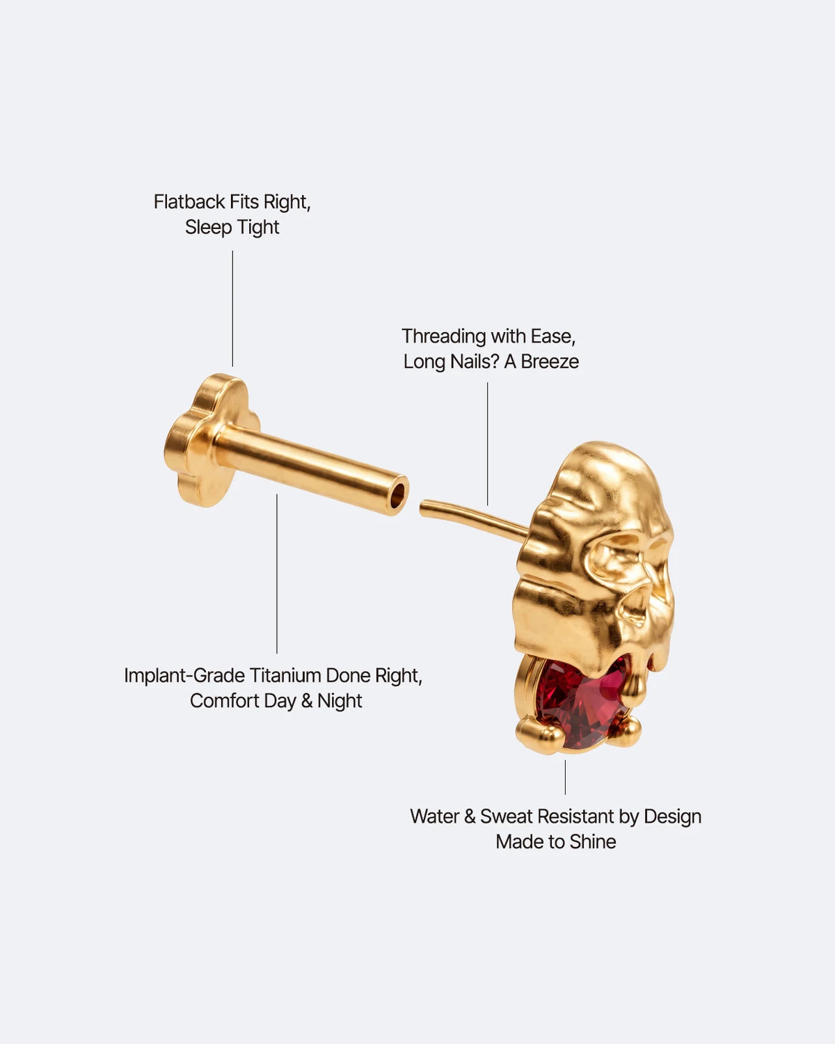 Skull Melt Flatback Stud in gold tone with garnet red cubic zirconia - threadless push pin construction