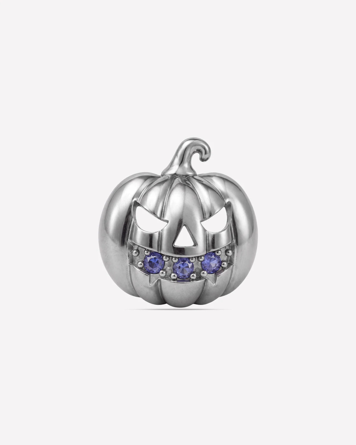 Wicked Grin pumpkin flatback stud, silver with purple blue cubic zirconia, front view