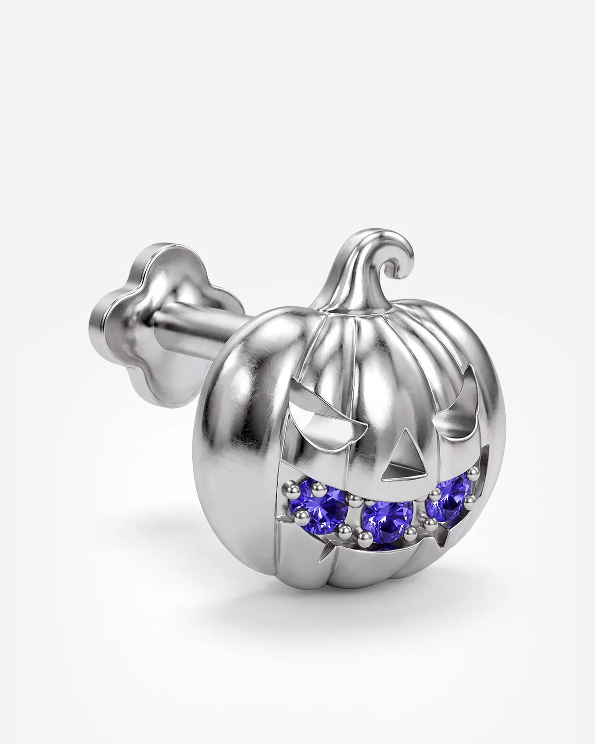 Wicked Grin pumpkin flatback stud, silver with purple blue cubic zirconia, side view