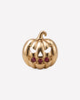 Wicked Grin pumpkin flatback stud, gold with red cubic zirconia, front view