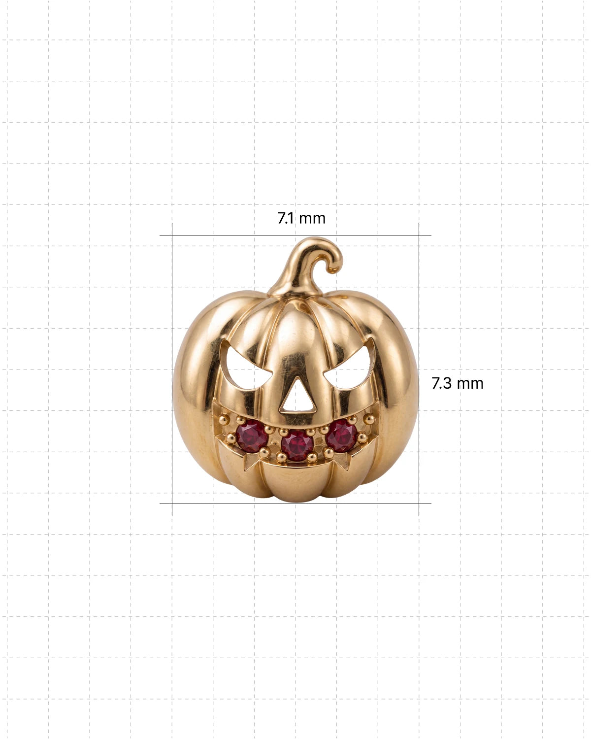 Wicked Grin pumpkin flatback stud, gold with red cubic zirconia, 7.1mm by 7.3mm dimensions