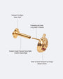 Wicked Grin pumpkin flatback stud, gold with red cubic zirconia, threadless fitting detail