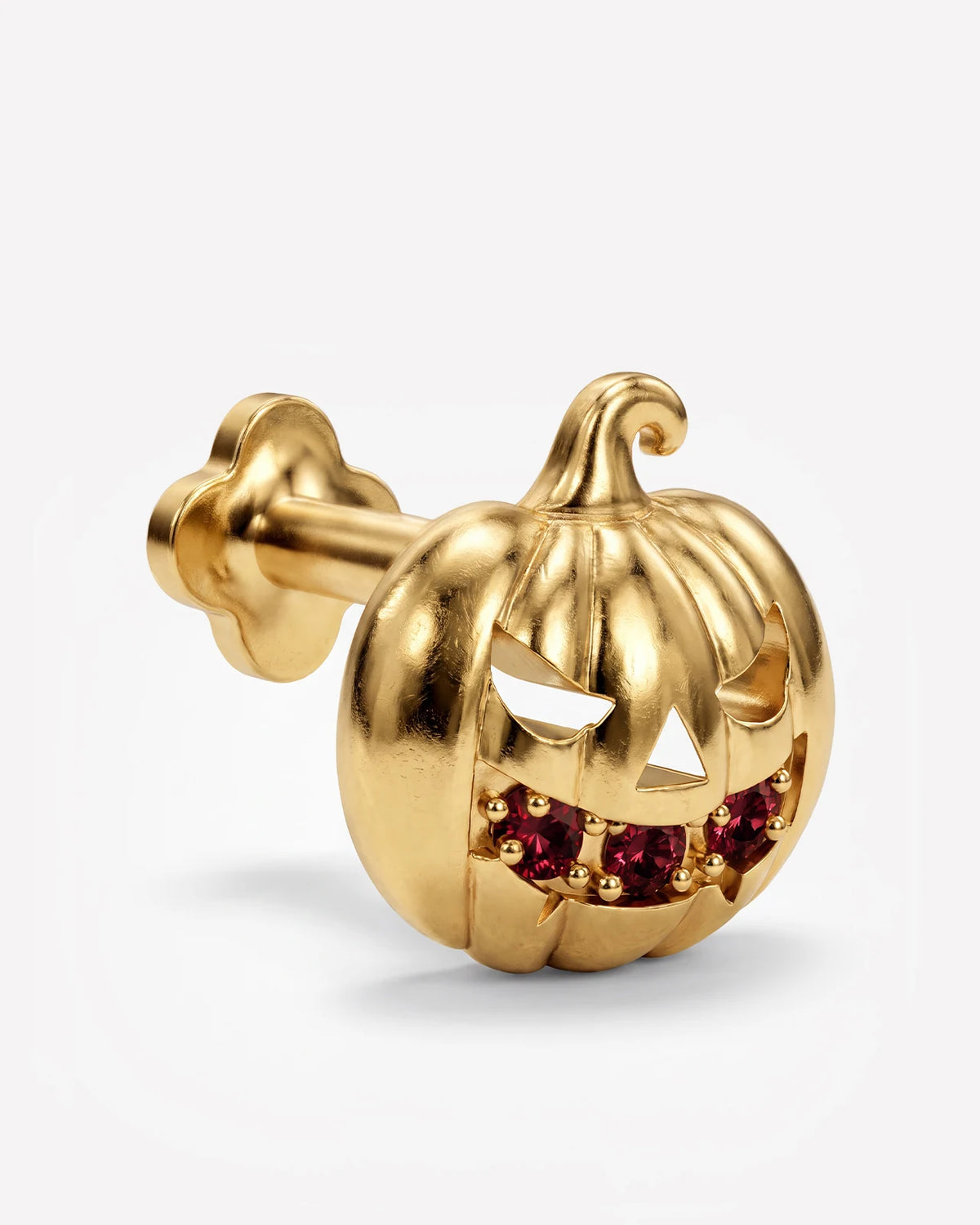 Wicked Grin pumpkin flatback stud, gold with red cubic zirconia, side view