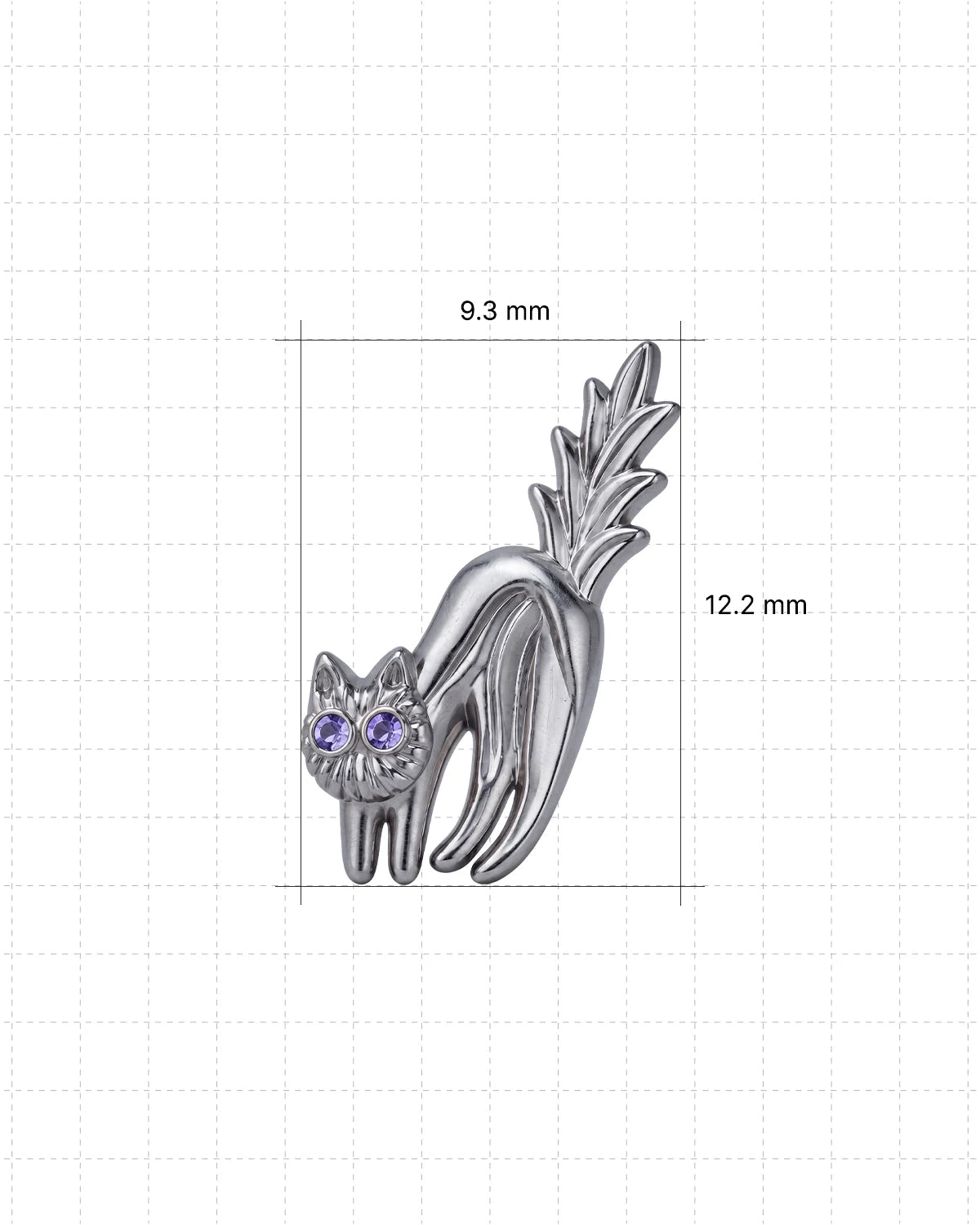 Spooked Kitty Flatback Stud in silver tone with purple cubic zirconia eyes - dimensions 9.3mm wide by 12.2mm high