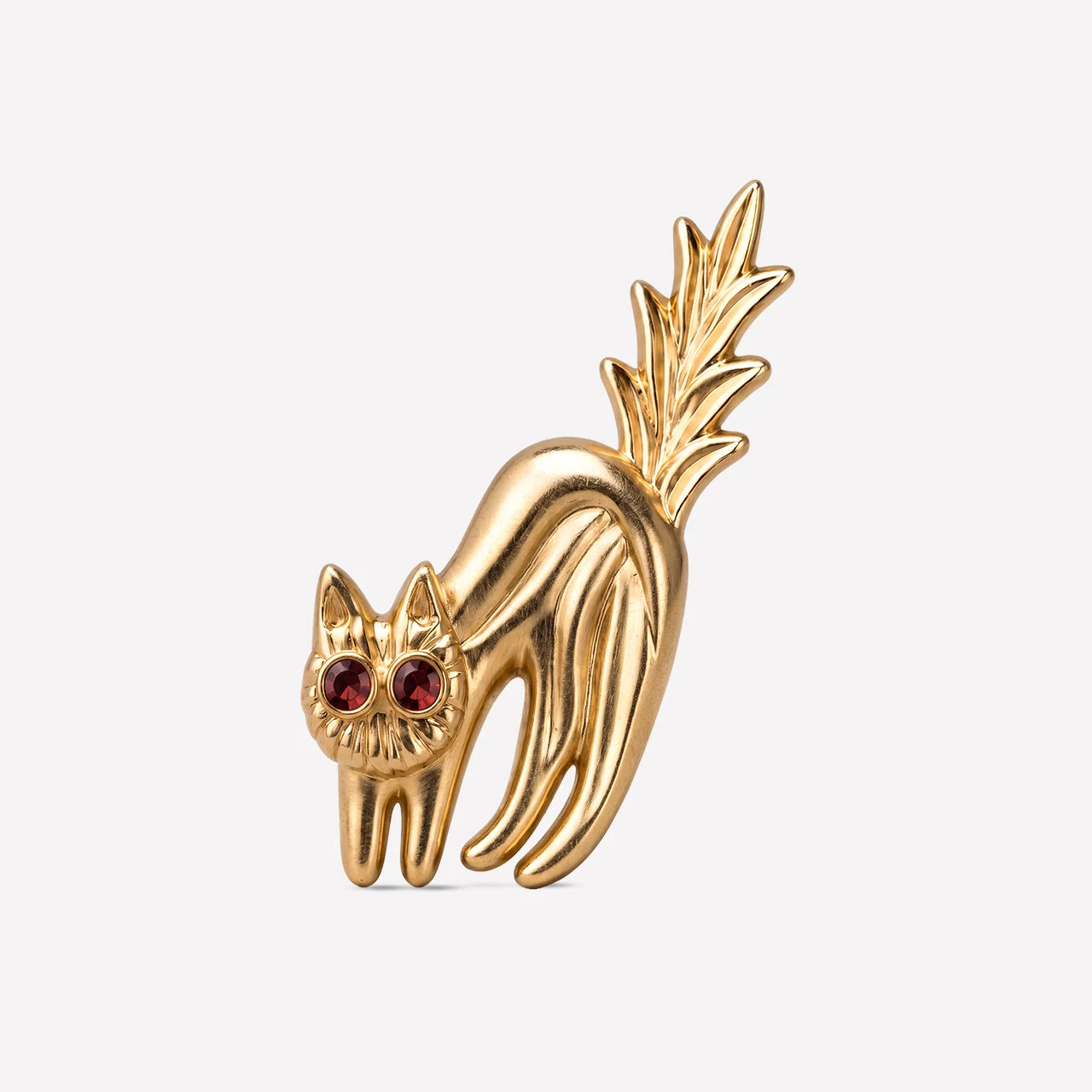 Spooked Kitty Flatback Stud in gold tone with garnet red cubic zirconia eyes - front view