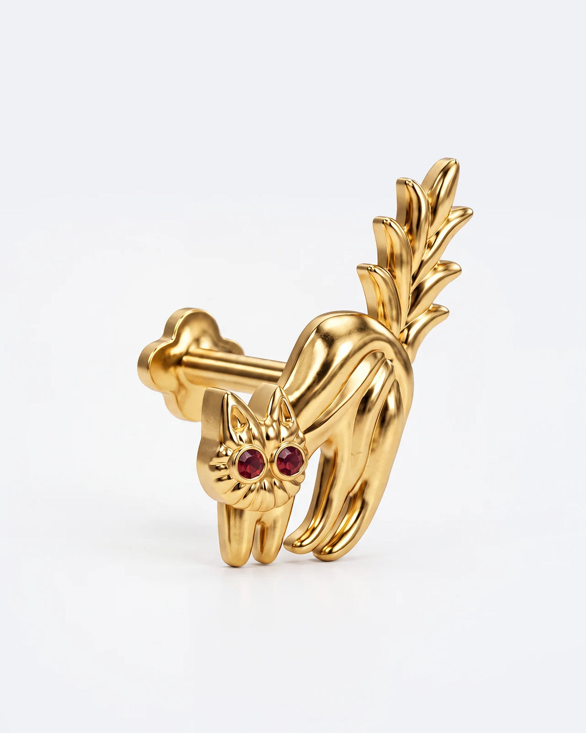 Spooked Kitty Flatback Stud in gold tone with garnet red cubic zirconia eyes - side view