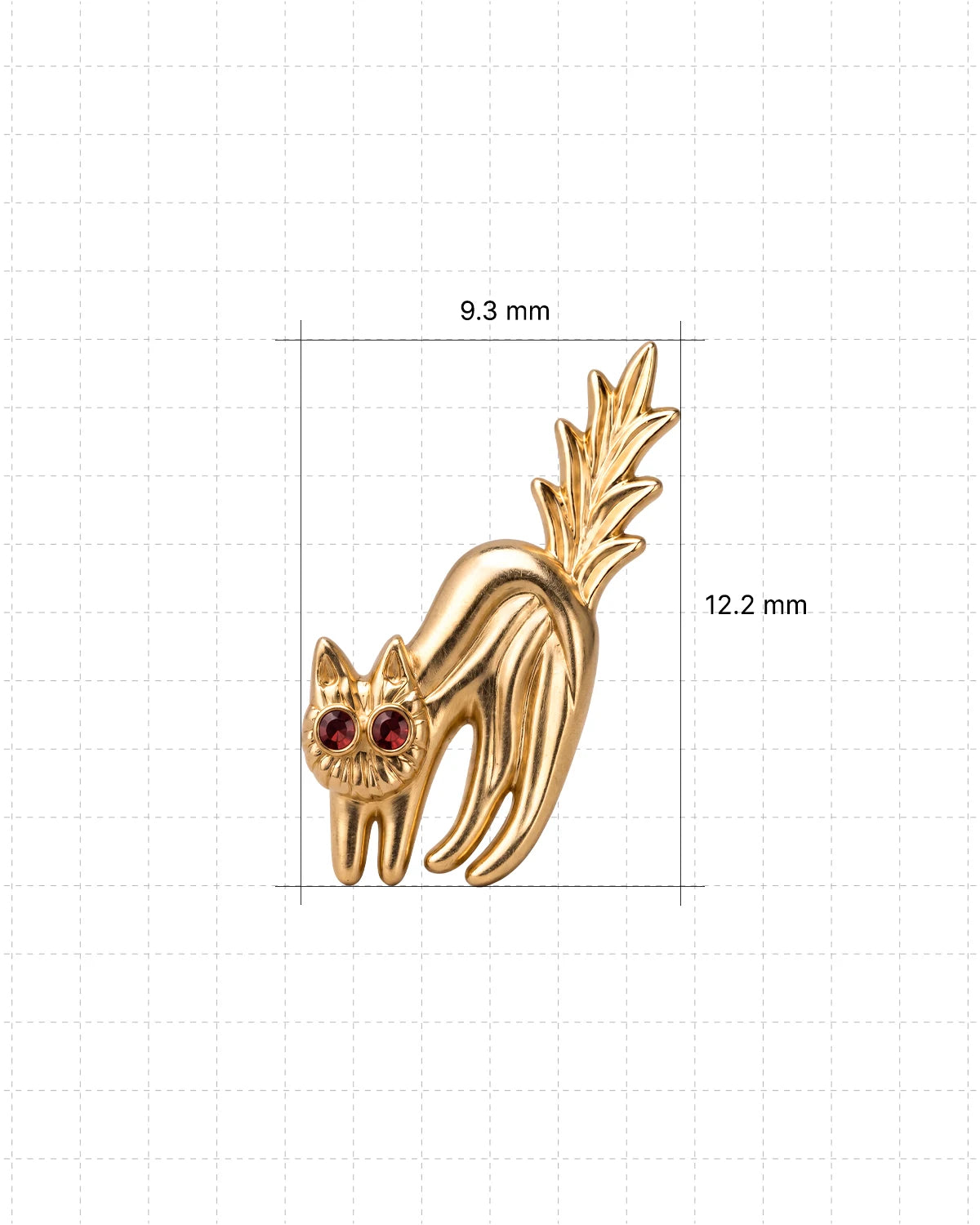 Spooked Kitty Flatback Stud in gold tone with garnet red cubic zirconia eyes - dimensions 9.3mm wide by 12.2mm high